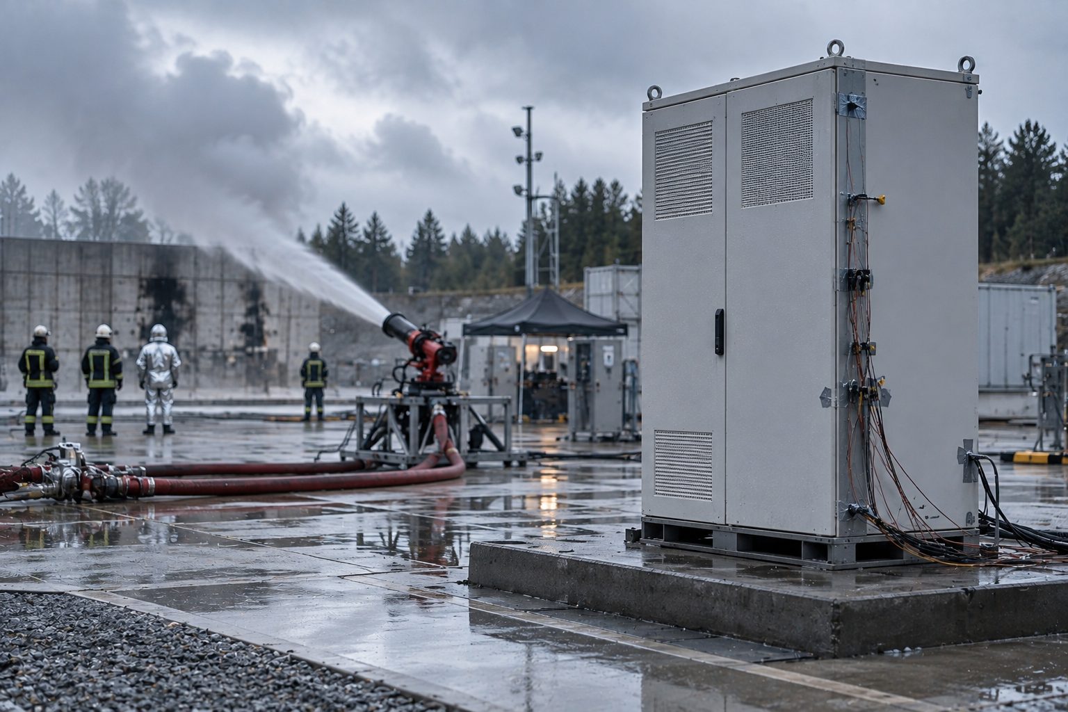 A battery storage cabinet standing alone on a concrete test pad at an outdoor fire test ground, thermocouple wires taped along its side, a water cannon and fire hoses ready nearby