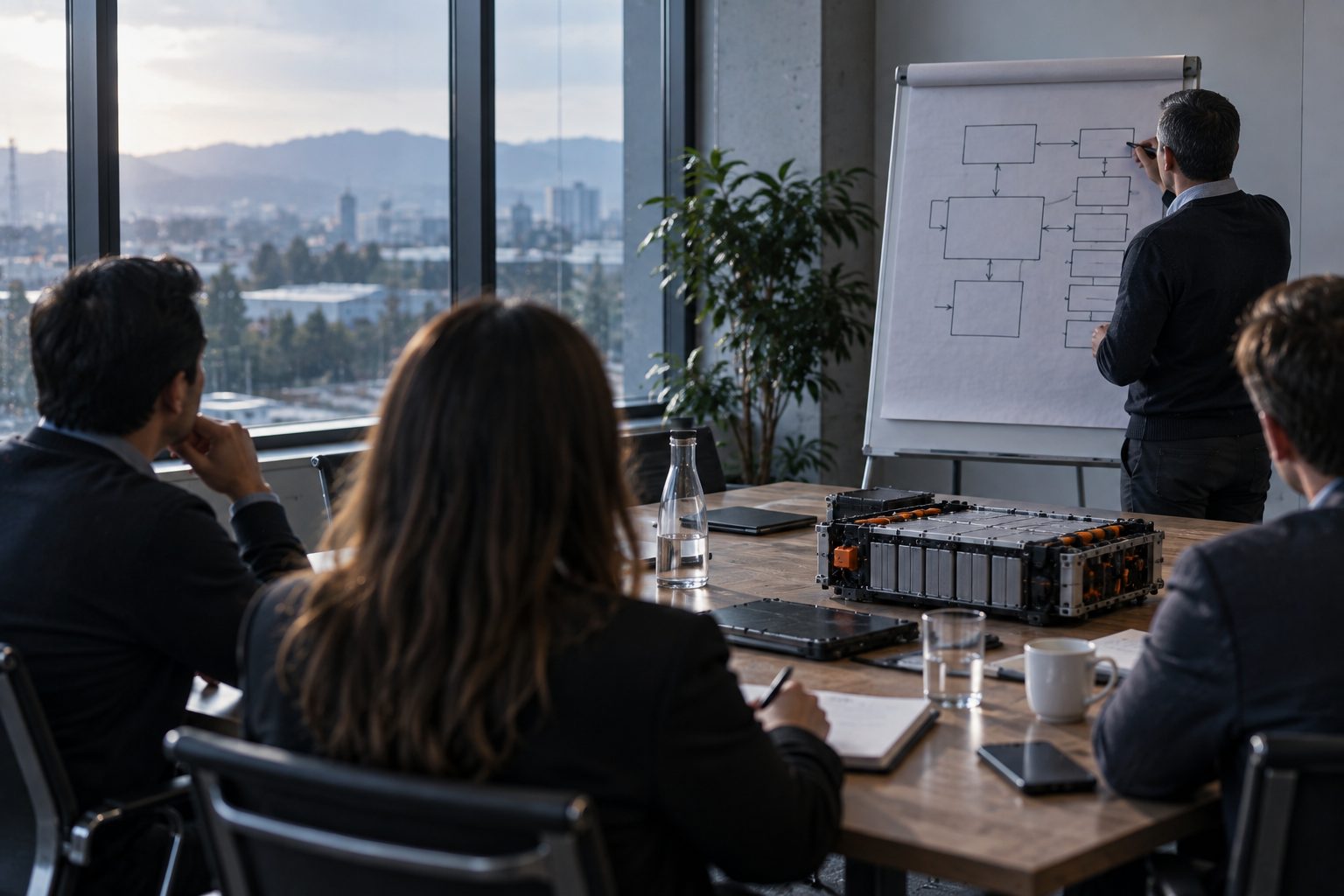 An executive workshop in a bright meeting room: a flip chart with simple hand-drawn boxes and arrows and no writing, a disassembled battery module sample on the table, participants seen from behind with notebooks