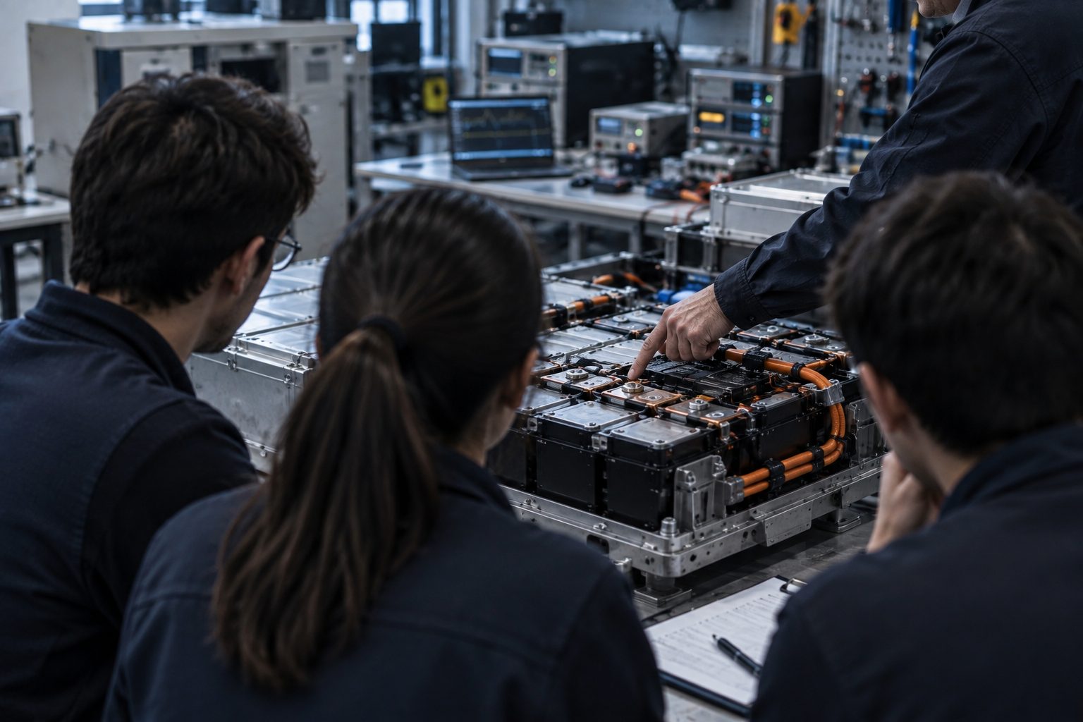 Young engineers seen from behind gathered around a workbench with a battery module teaching rig, a senior engineer’s hand pointing at a busbar joint