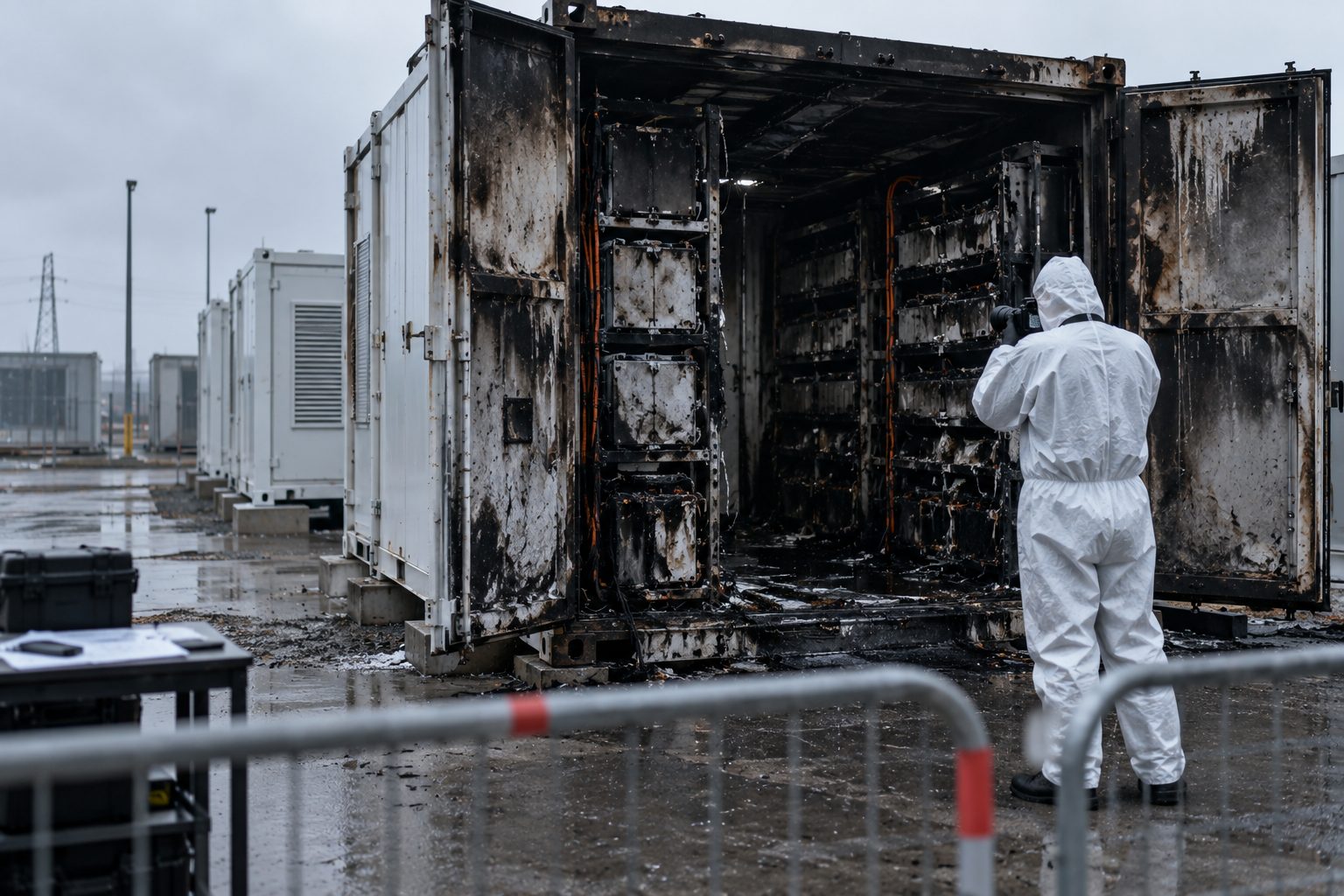 A burnt-out battery storage container after a fire, doors open, blackened and melted racks inside