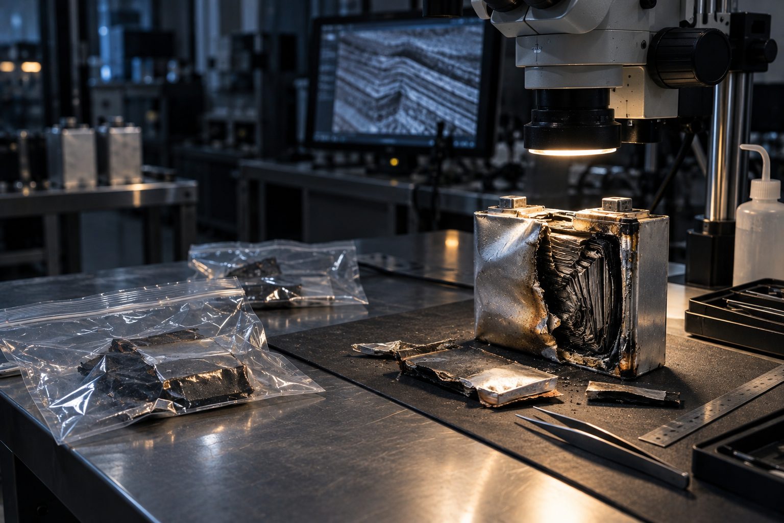 A heat-damaged, swollen prismatic battery cell cut open on a lab bench under a stereo microscope, sealed evidence bags without readable writing next to it, tweezers and a steel ruler
