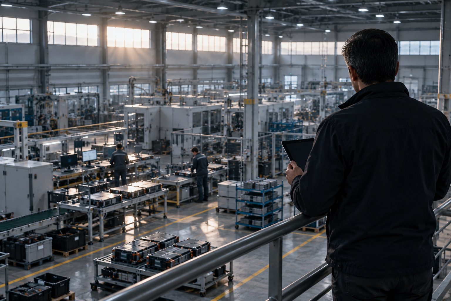 A senior engineer in a dark jacket seen from behind, standing at a factory mezzanine railing and looking down over a battery module production floor, holding a tablet with a dark screen