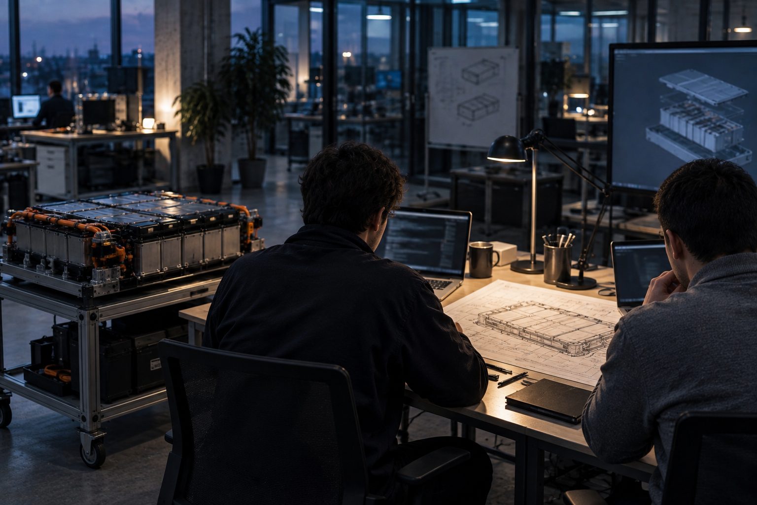 Two engineers seen from behind at a shared desk in an R&D office, laptops with dark screens, a printed battery pack drawing with only lines, and a prototype battery module on a trolley beside the desk