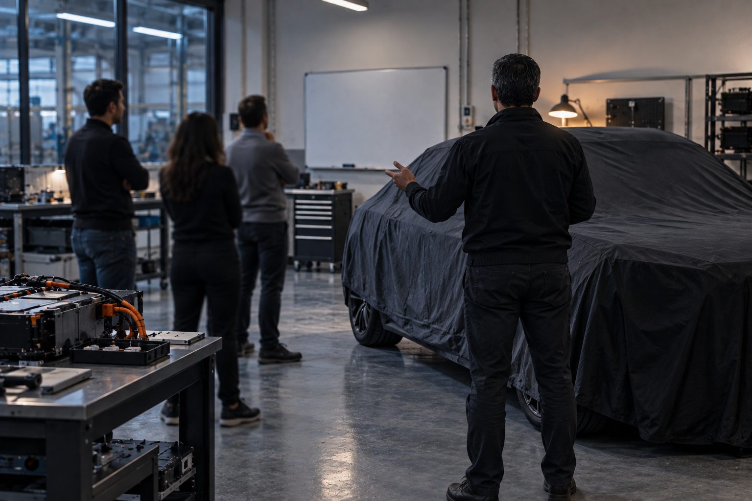 A technical leader seen from behind standing beside a covered electric vehicle prototype in a quiet workshop, speaking with a small team that stands out of focus