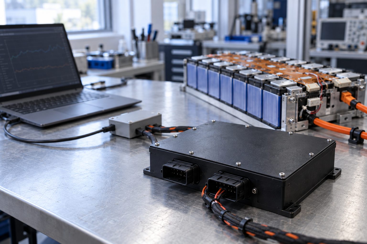 A sealed battery management master controller on a lab bench, wired through a CAN interface to a laptop, with a battery module behind it