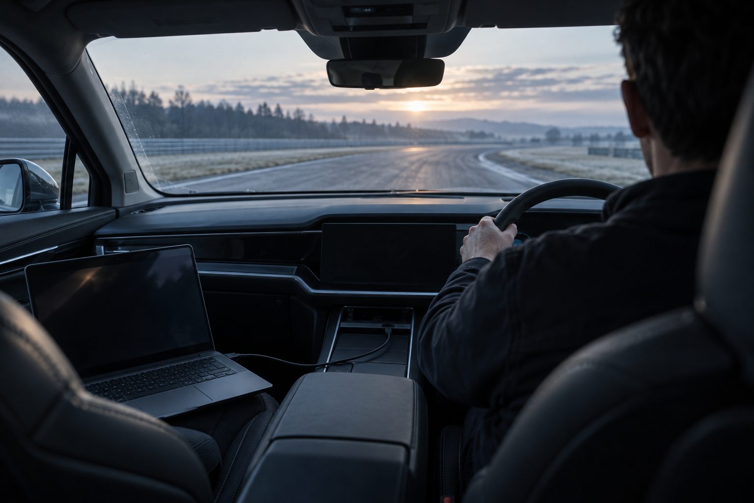 View from the back seat of an electric vehicle prototype on a test track: the driver seen from behind, a laptop with a dark screen on the passenger seat connected by a cable to the dashboard