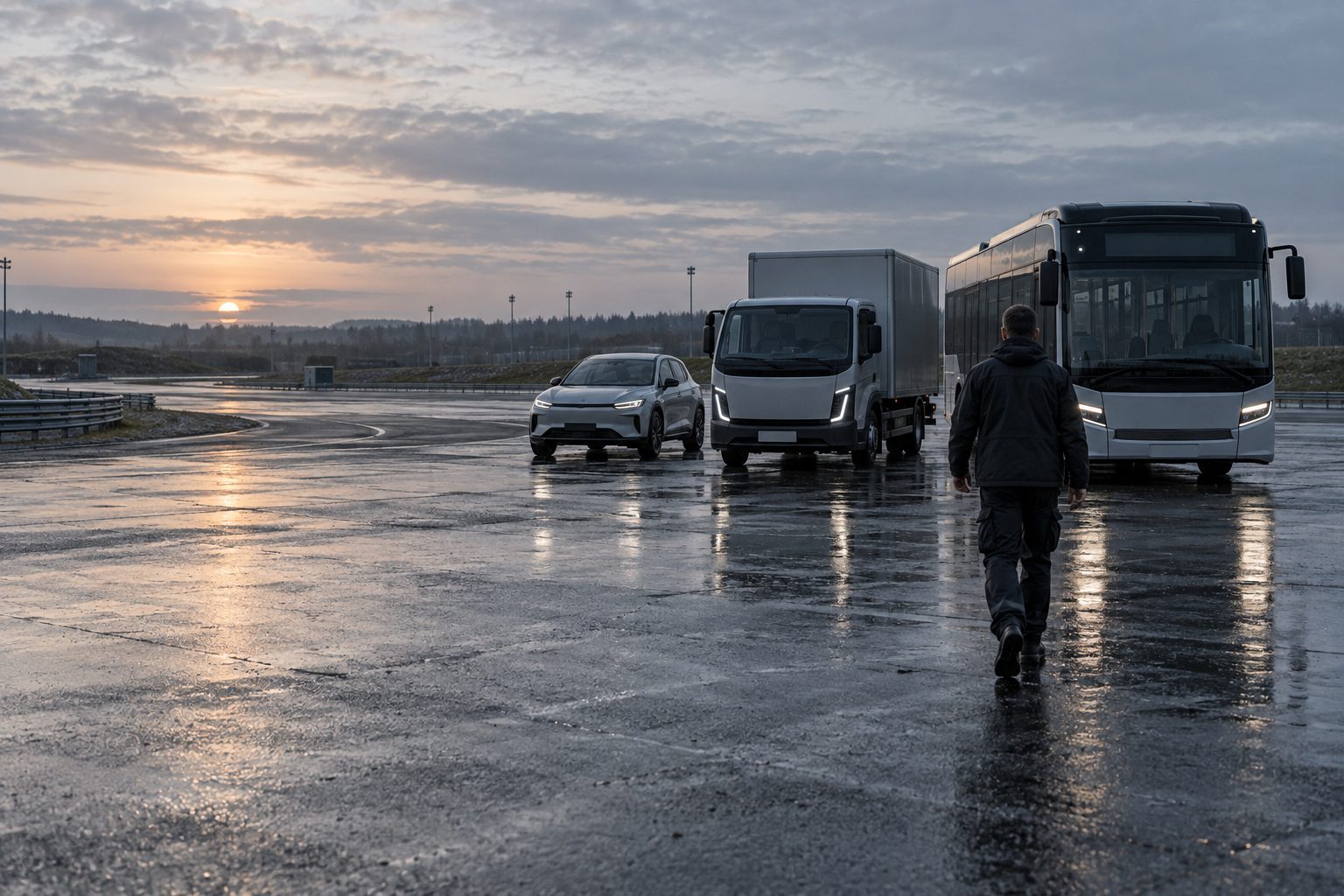A proving ground at dawn: an unbranded electric bus, a light truck and a small electric car parked in a row, a test engineer walking toward them seen from behind