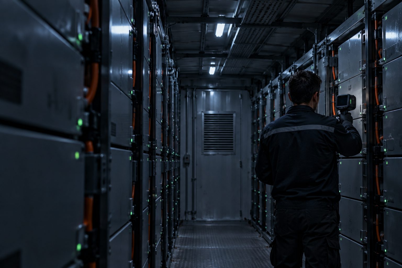 Inside a battery storage container at night: a technician seen from behind points a handheld thermal camera with a dark screen at one rack module