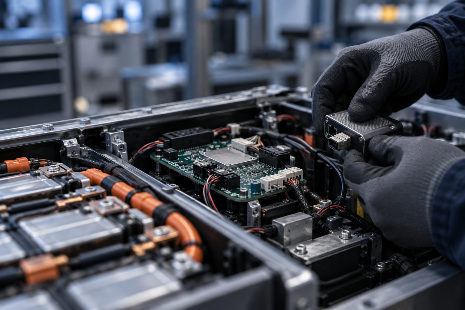 Gloved hands connecting a small data gateway module to an existing battery management controller inside an open pack enclosure with a short communication cable