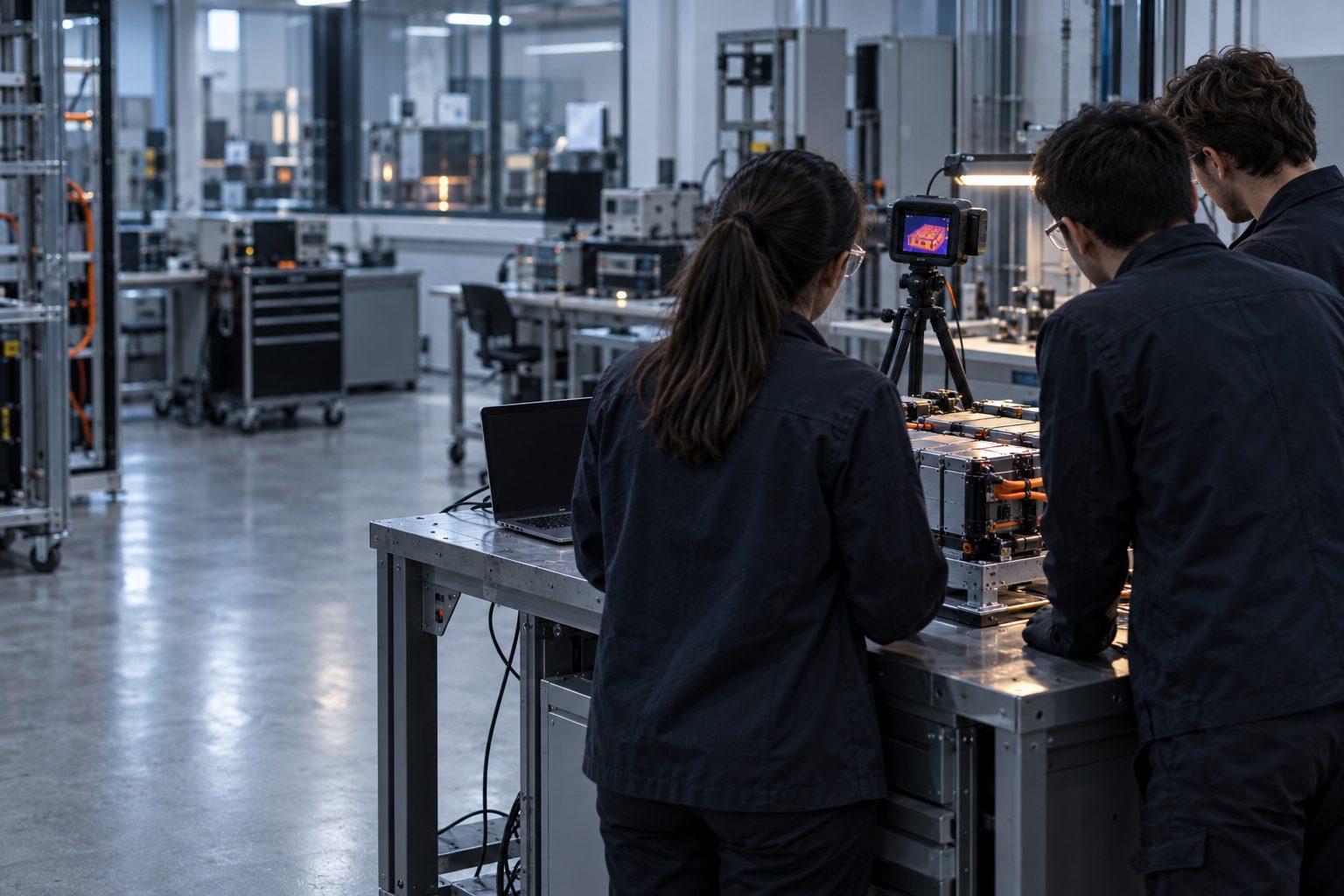 A battery safety engineering team seen from behind reviewing a battery module on a lab bench, a thermal imaging camera on a tripod aimed at the module, a laptop with a dark screen