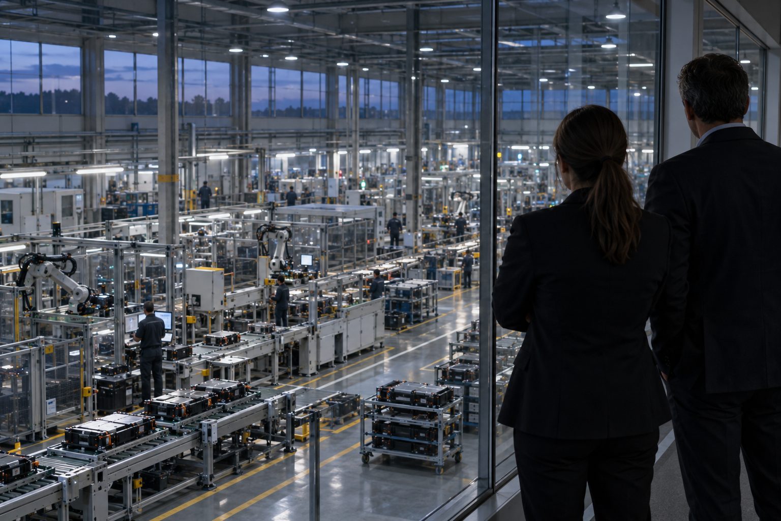Two business visitors seen from behind stand at the glass wall of a factory visitor gallery, looking down onto a long automated battery module assembly line