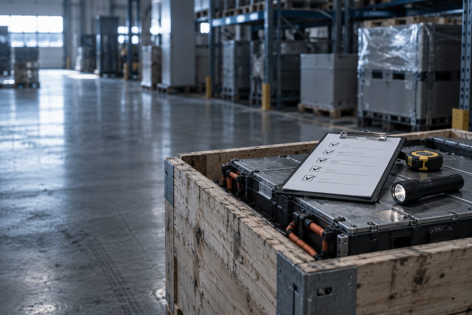 A clipboard with a checklist of ticked boxes and no readable writing lies on top of a wooden crate holding a battery module in a warehouse, with a measuring tape and a small torch beside it