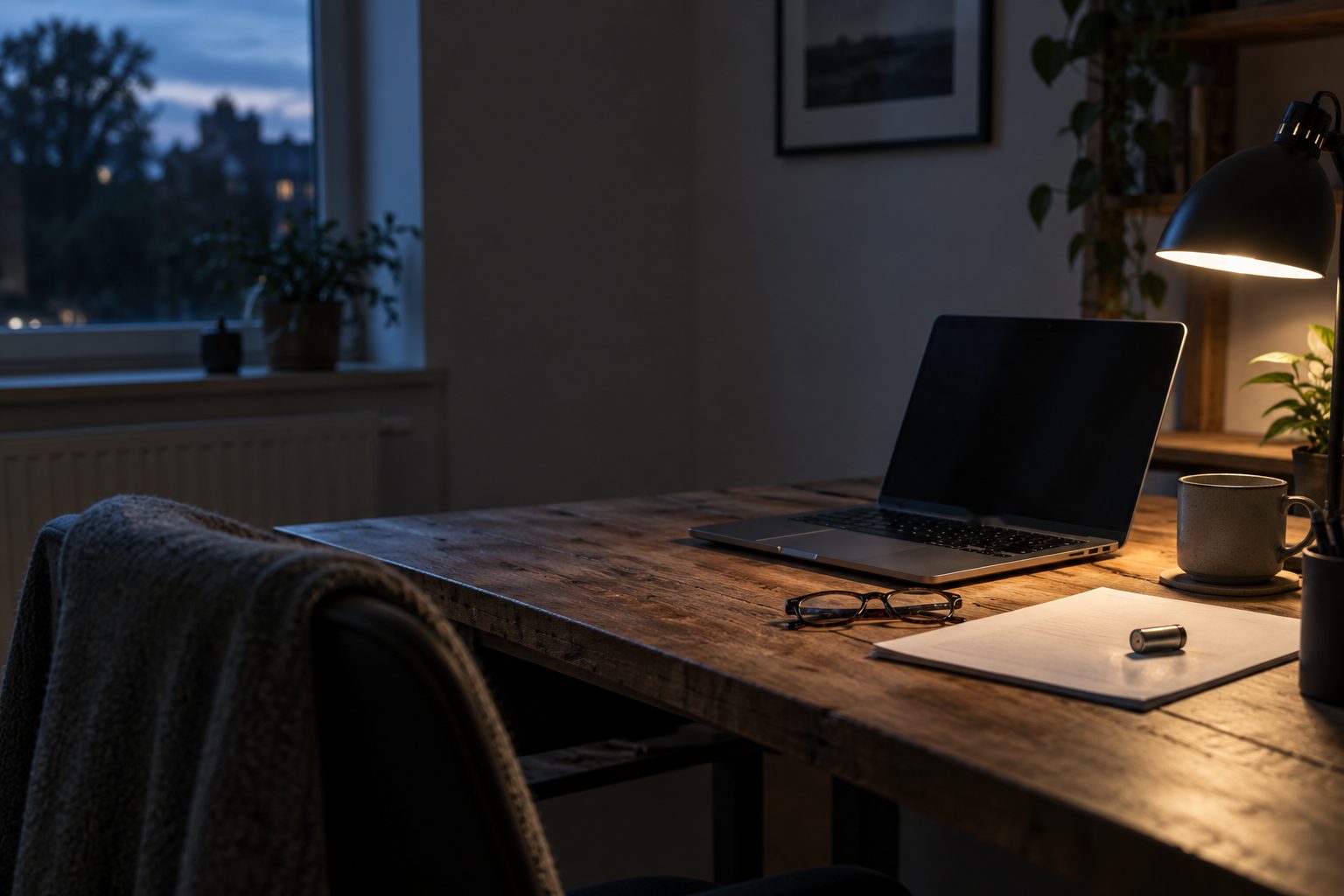 A quiet home office desk in the evening: a laptop with a dark screen, a printed document lying face down, reading glasses and a small cylindrical battery cell used as a paperweight