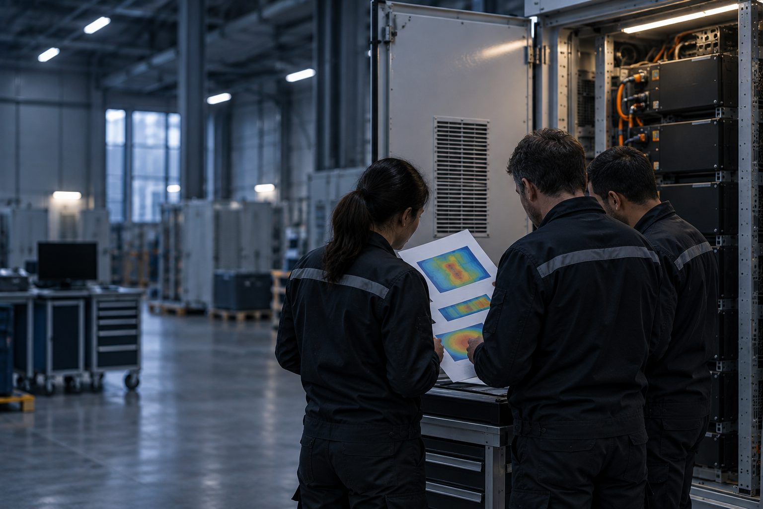 Engineers seen from behind reviewing thermal simulation printouts with only colour patches beside an open battery storage cabinet in a factory acceptance test area