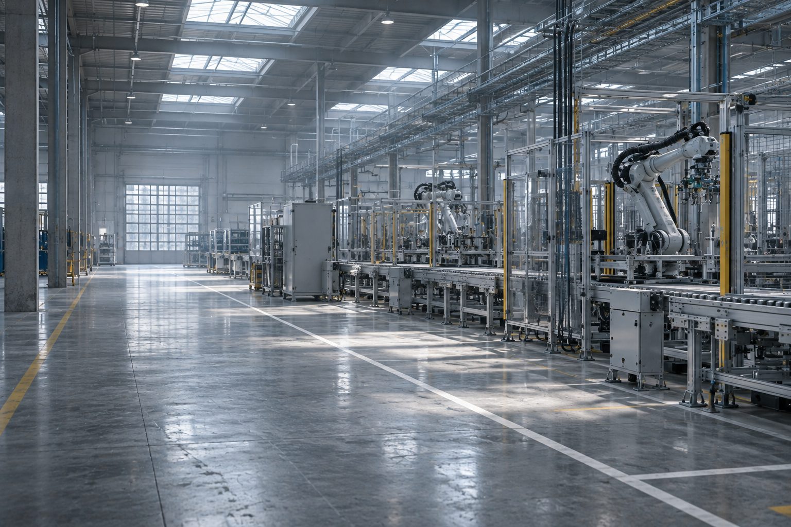 A battery module production line being installed: robot arm cells in place, empty conveyors, cable trays and fresh floor markings, no workers