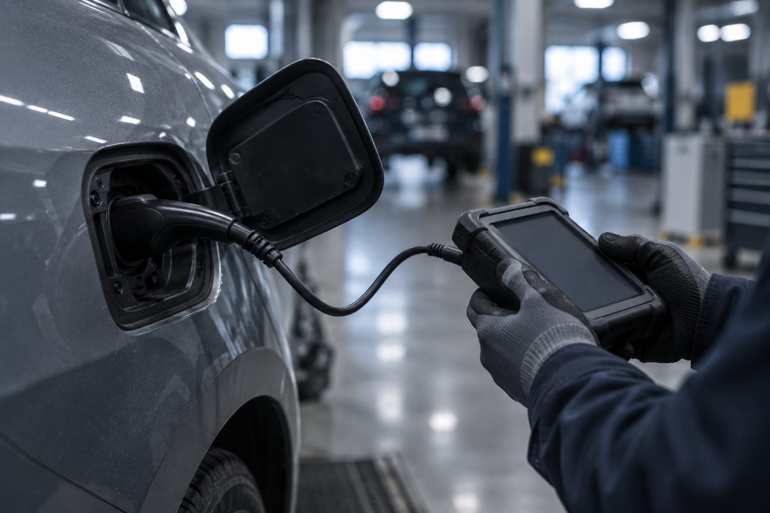 A used electric car inspection bay: a technician seen from behind with a handheld diagnostic device plugged into a car’s charging port, other electric cars parked in rows