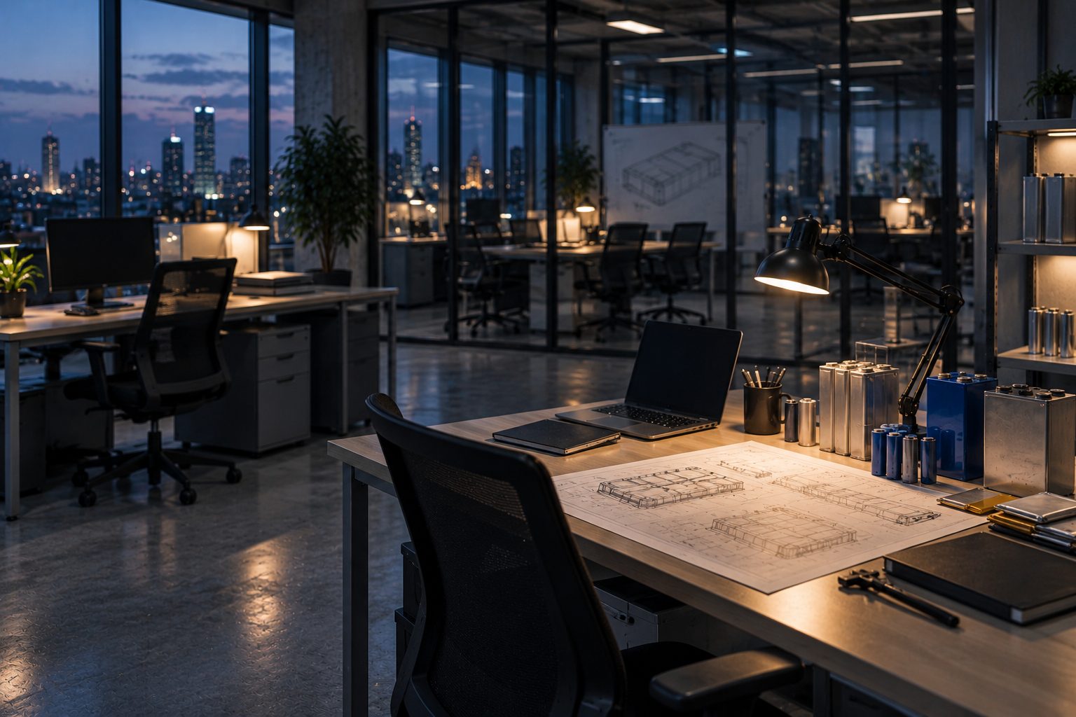 An engineering office floor in the evening: glass partitions, desks with battery cell samples, printed drawings with only lines and empty chairs