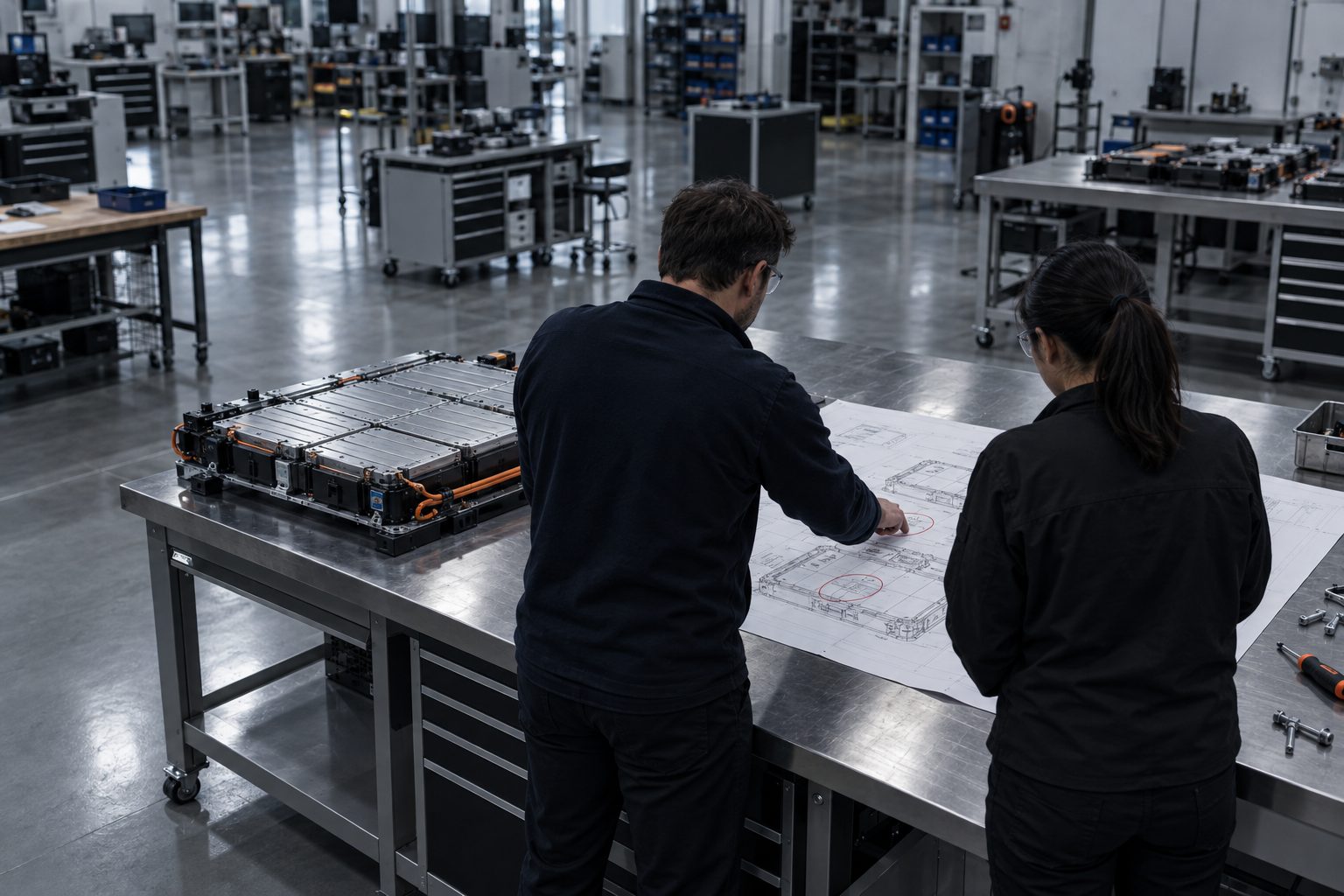Two engineers seen from behind review a battery pack design on a large printed drawing spread over a workbench beside the physical prototype pack, simple red pen circles on the drawing and no writing