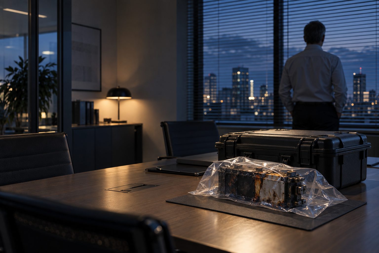 A quiet confidential meeting room: a closed hard evidence case and a sealed, heat-damaged battery module sample on the table, blinds half closed, one senior engineer seen from behind standing by the window