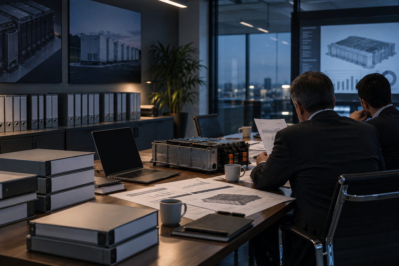 An investment data room: stacks of closed binders with blank spines, a laptop with a dark screen and a battery module sample on a long table, two people seen from behind reviewing printed documents