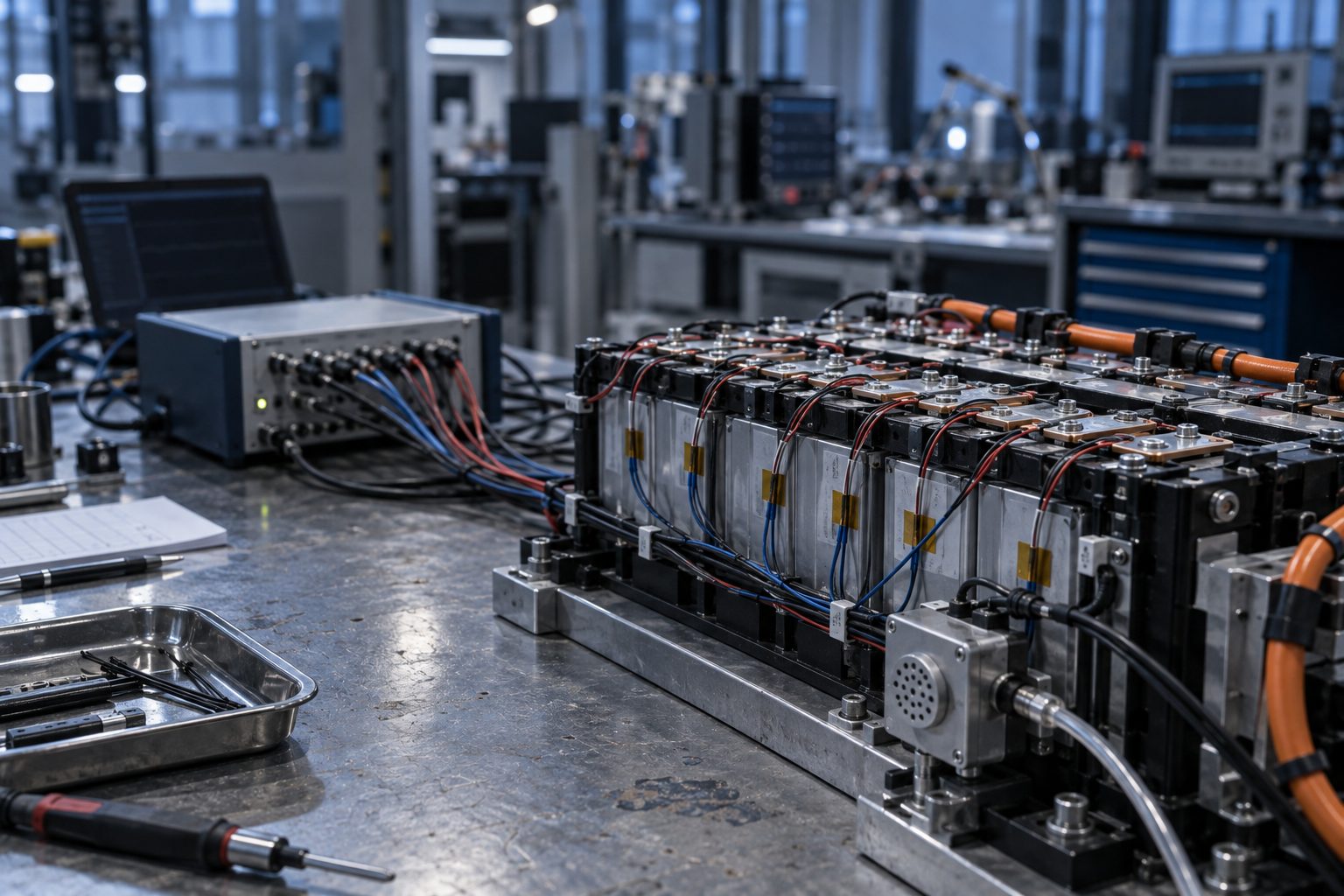 A battery module on a test bench fitted with several kinds of sensors: fine voltage sense leads on every cell, small temperature sensors taped to the cells and a compact gas sensor module, all wired to a data logger