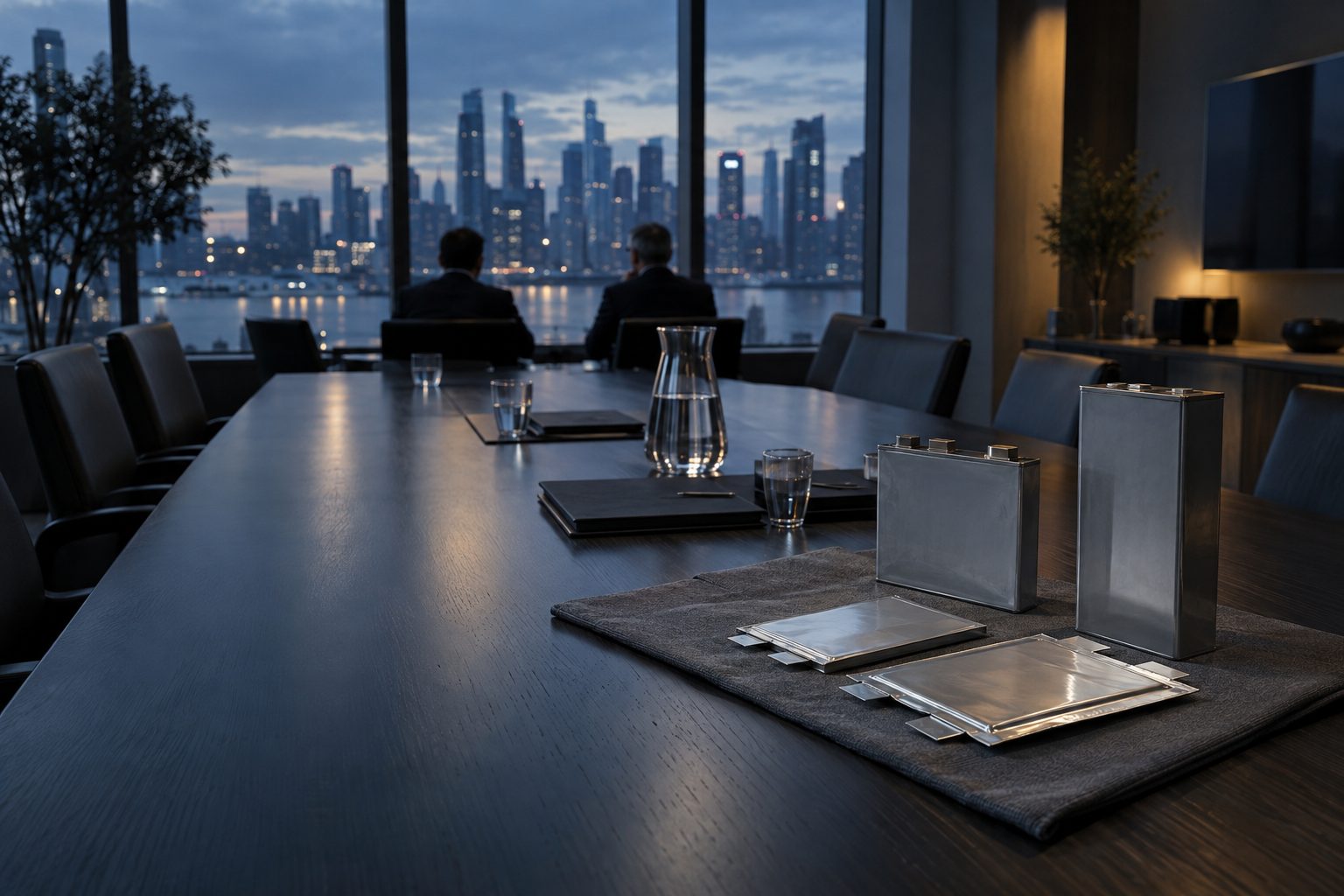 A long boardroom table seen from its end: a few large prismatic and pouch battery cell samples placed on a plain grey cloth beside closed dark folders and a glass jug of water