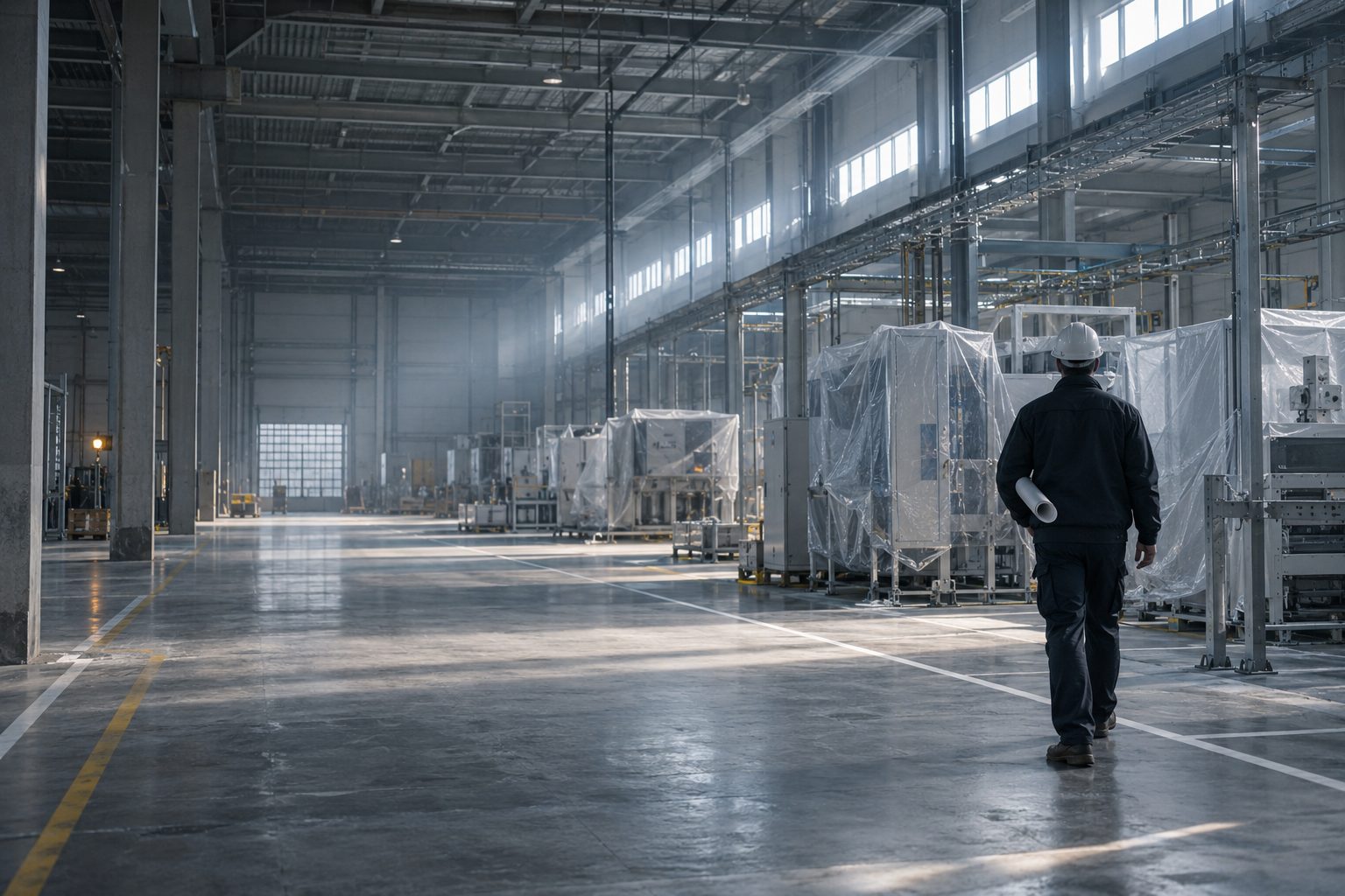 A large, half-built battery factory hall: bare concrete floor with fresh floor markings, the first assembly line machines still wrapped in protective plastic, cable trays without cables yet