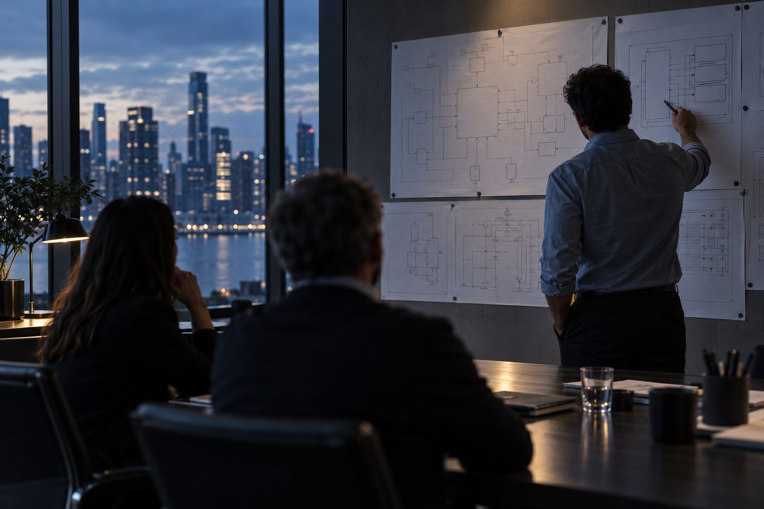 Large printed system architecture drawings pinned to a meeting room wall, only lines, blocks and arrows with no readable writing