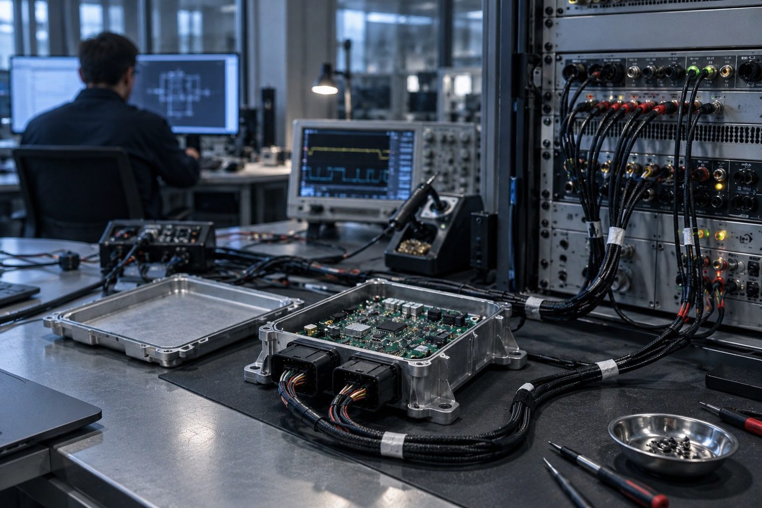 A vehicle control unit prototype board in an open aluminium housing on an electronics bench, connected through a CAN wiring harness to a hardware-in-the-loop rack with small blinking LEDs