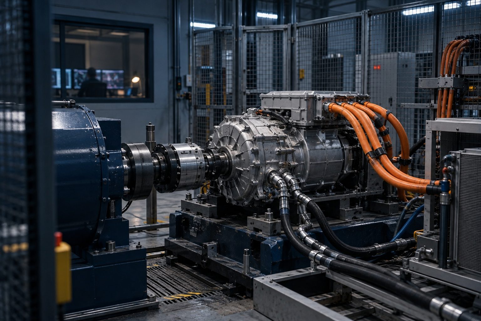 An electric drive unit, a motor with an integrated inverter, mounted on a dynamometer test rig inside a test cell