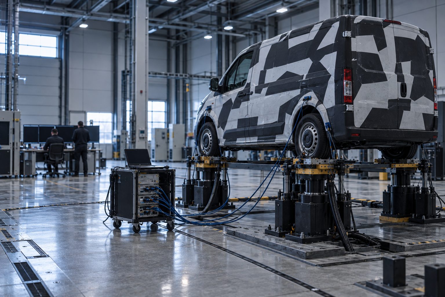 An unbranded electric light commercial van prototype on a four-post shaker test rig inside a validation hall