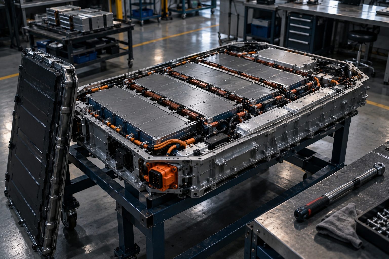 An open electric vehicle traction battery pack on an assembly stand: rows of prismatic cell modules, copper busbars, aluminium cooling plates and one orange high-voltage connector