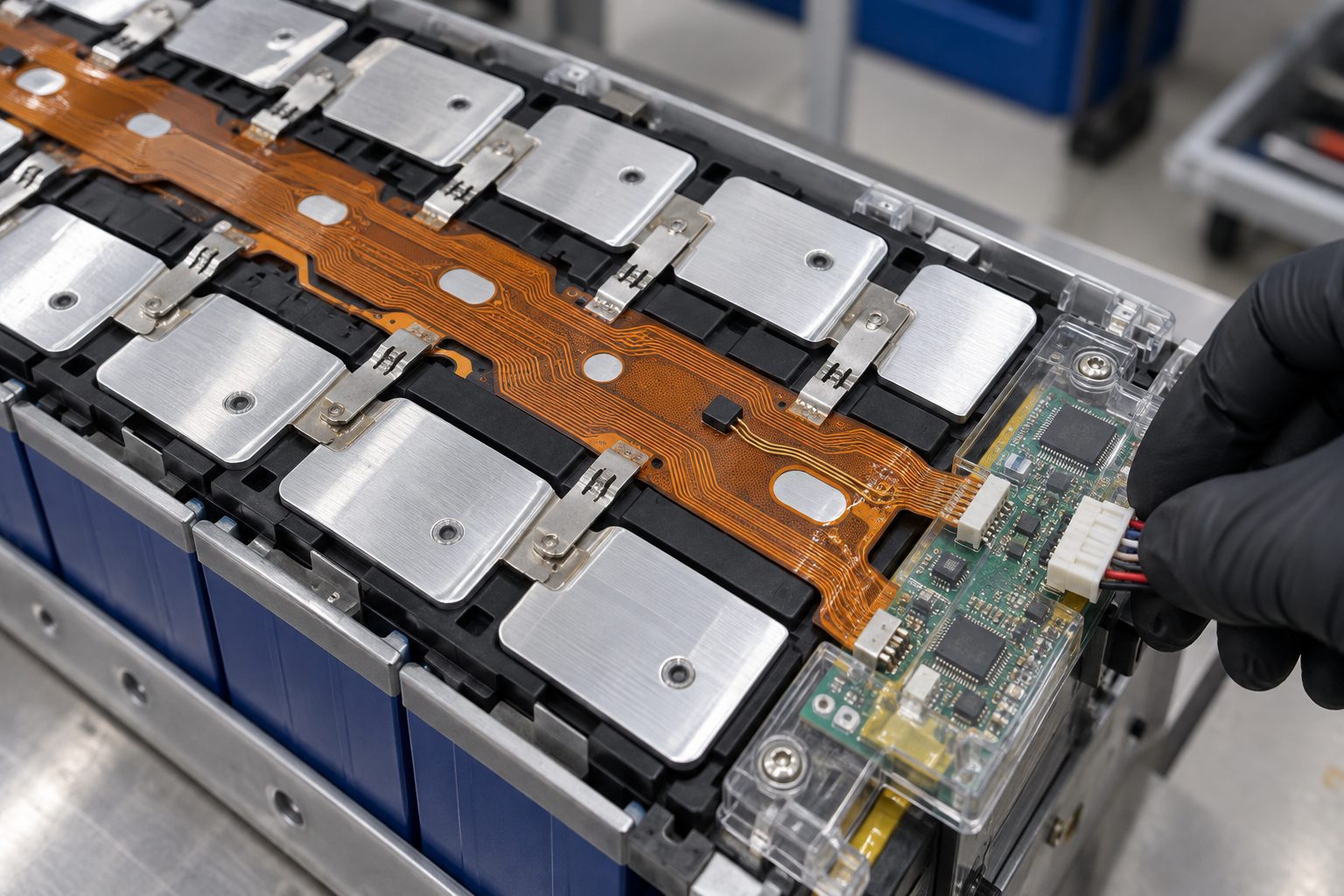 Close-up of a battery module cell contact system: welded busbars, flexible sense circuit and the cell-monitoring board being connected