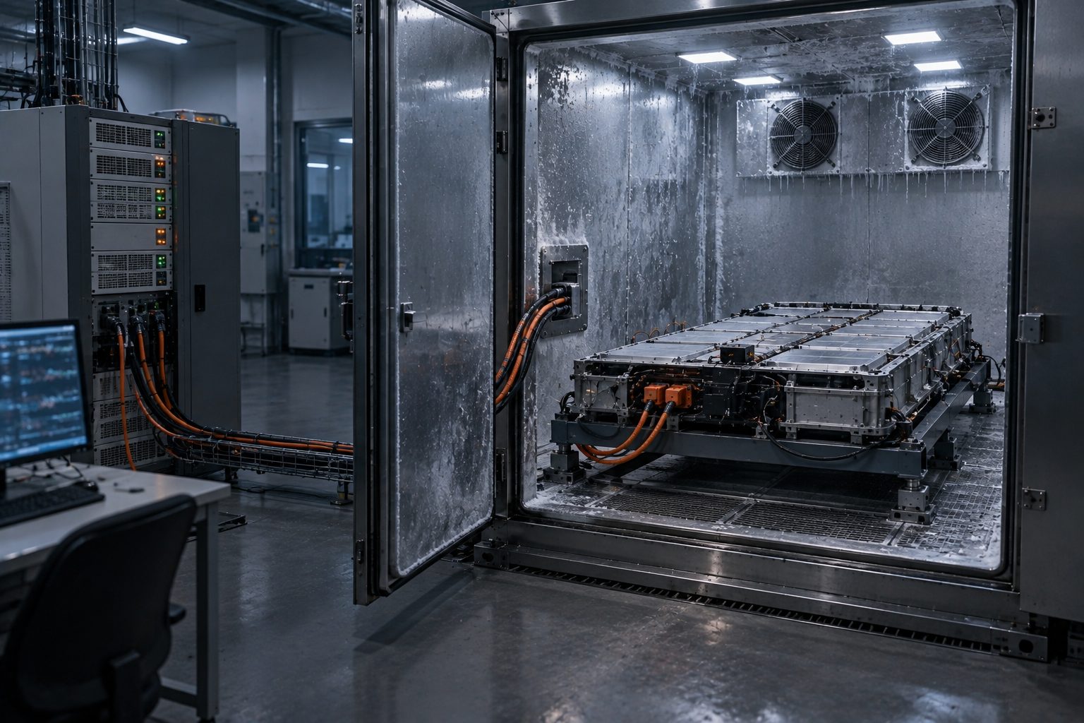 An electric vehicle battery pack inside an open walk-in climate test chamber, light frost on the chamber walls, thick cables running through a wall port to a battery cycler cabinet outside the chamber with small status LEDs