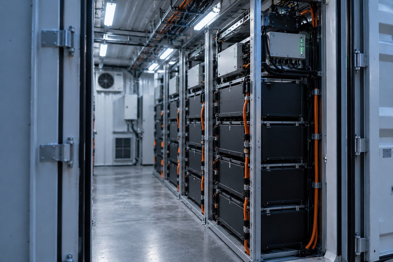 View from an open storage container door into a battery rack aisle: stacked rack battery modules with a rack-level controller at the top of each rack, communication cables routed neatly in cable trays, small green LEDs, cold white light