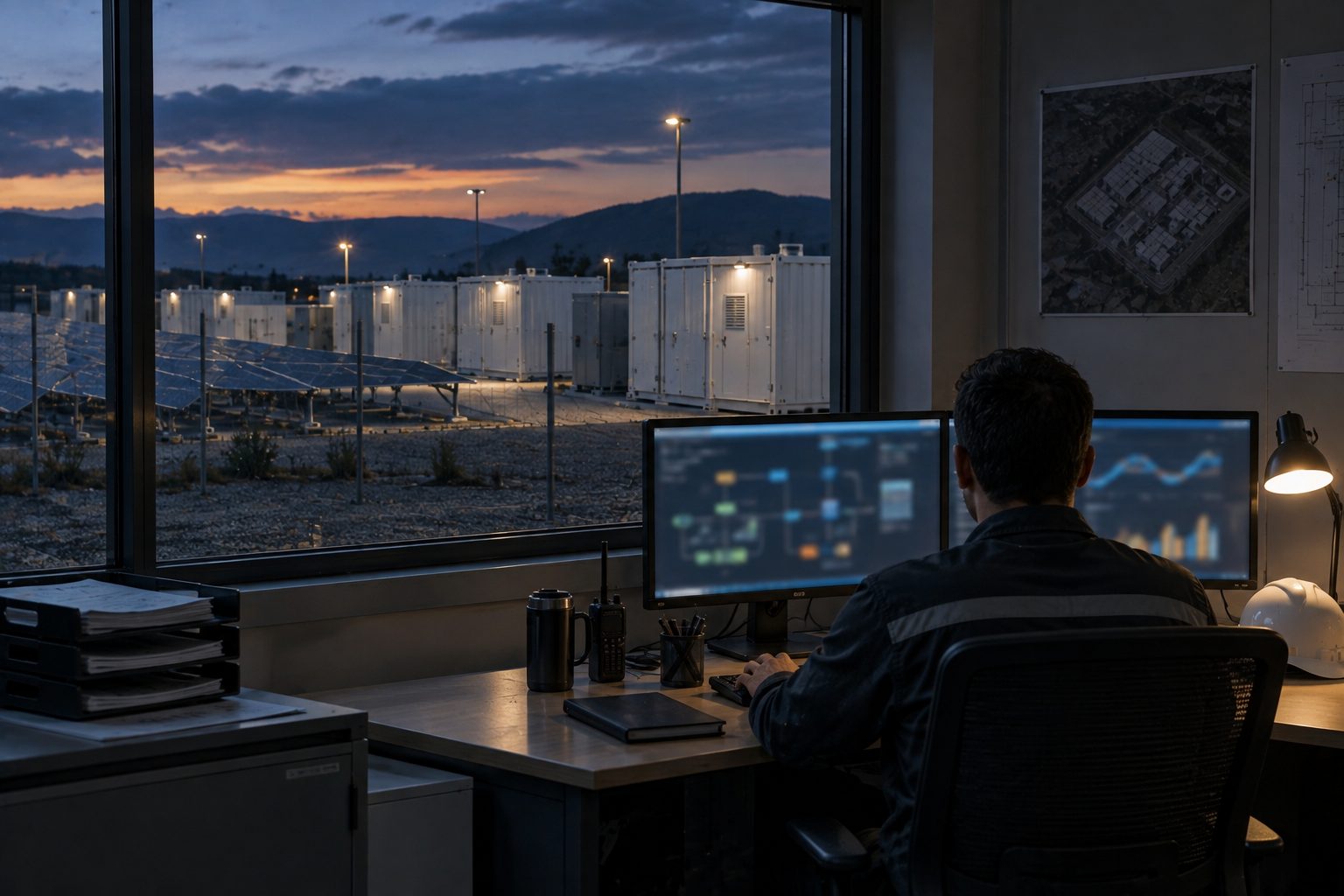 A small control room at a solar and storage site: one operator seen from behind at a desk with two monitors showing only soft abstract coloured shapes